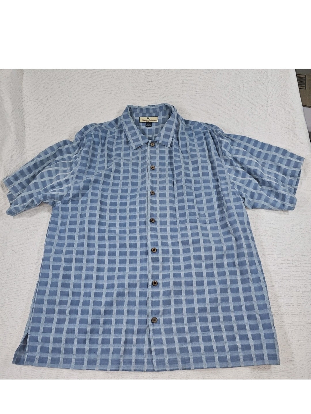 Tommy Bahama 100% Silk Hawaiian Camp Shirt Tropical Blue White Plaid Button Up L